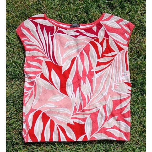 Ann Taylor Tops - Beachy Coral Pink Tropical Palm Leaf Knit Top Cap Sleeve 100% Cotton Resortwear